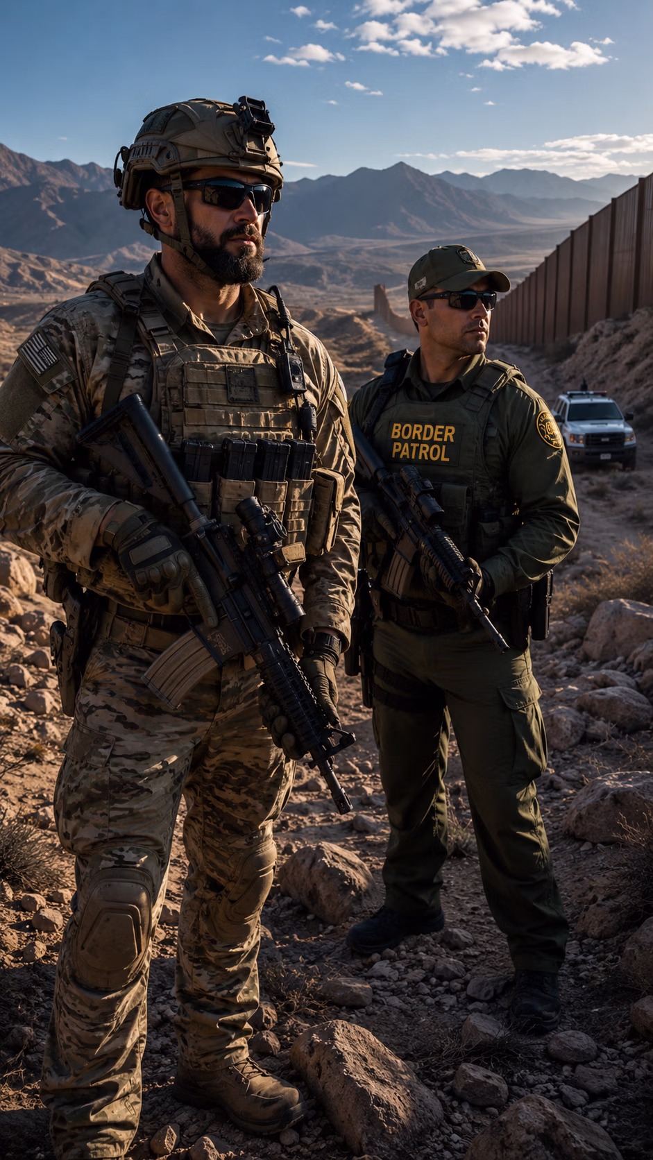 Armed forces and border patrol agent by border